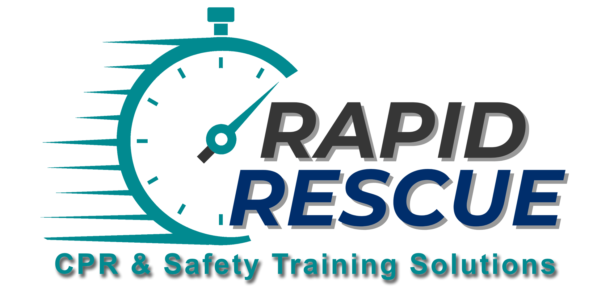 Logo for Rapid Rescue CPR & Safety Training Solutions featuring a teal stopwatch with motion lines and bold blue text.