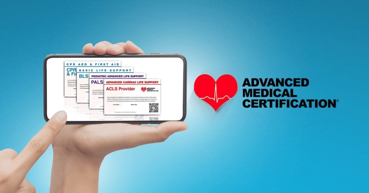 A hand holds a smartphone displaying medical certification cards next to an