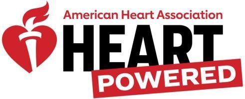 American Heart Association logo with a red heart and torch icon, the word HEART in black, and POWERED in a red banner.