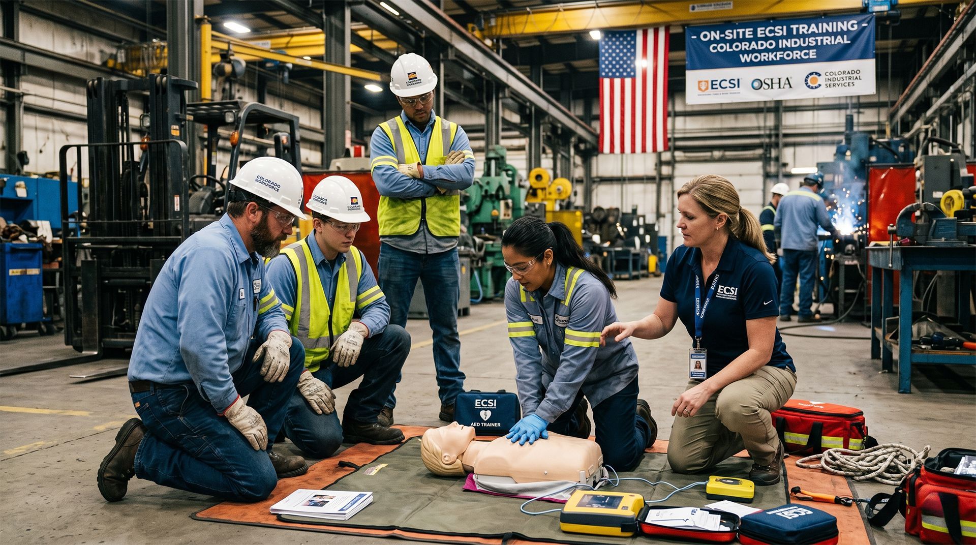 A safety officer in a high-visibility vest performs CPR on an unresponsive worker on a warehouse flo