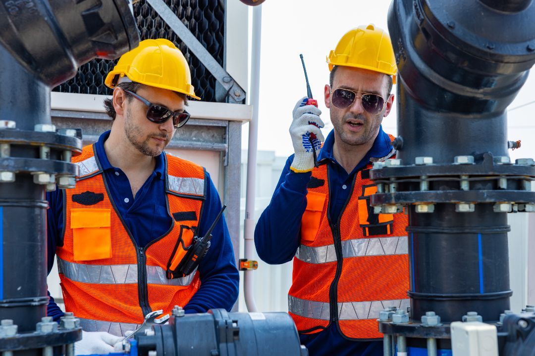 Two industrial workers in hard hats and safety vests inspecting machinery in a factory
