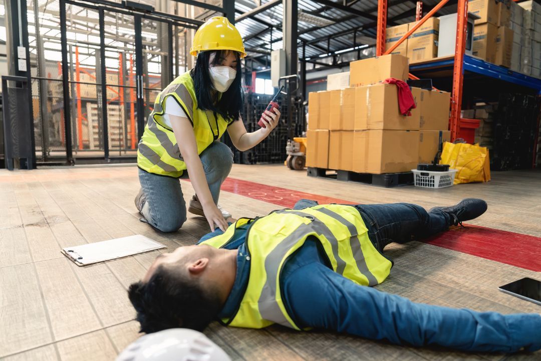 A person in a hard hat and safety vest checks on a colleague lying on the floor in a warehouse.