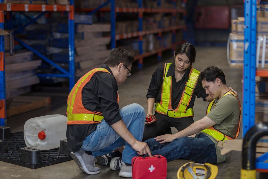 Two coworkers in safety vests tend to an injured person sitting on the floor of a warehouse next to a first-aid kit.