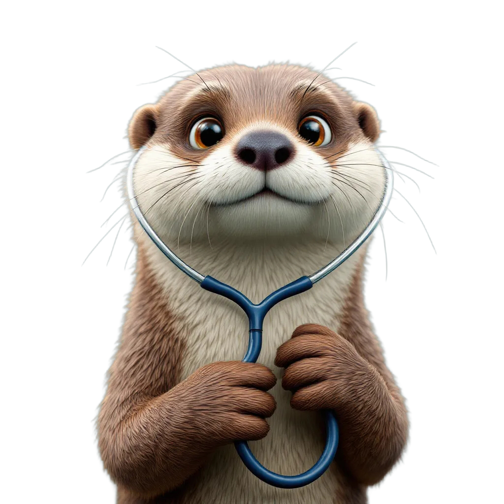 A cute, realistic otter with large eyes holds a blue stethoscope around its neck, set against a plain white background.