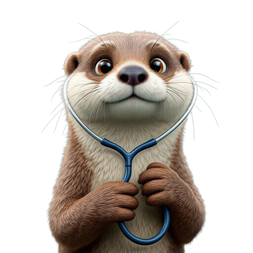 A friendly, realistic otter with large eyes holds a blue stethoscope around its neck, set against a plain white background.