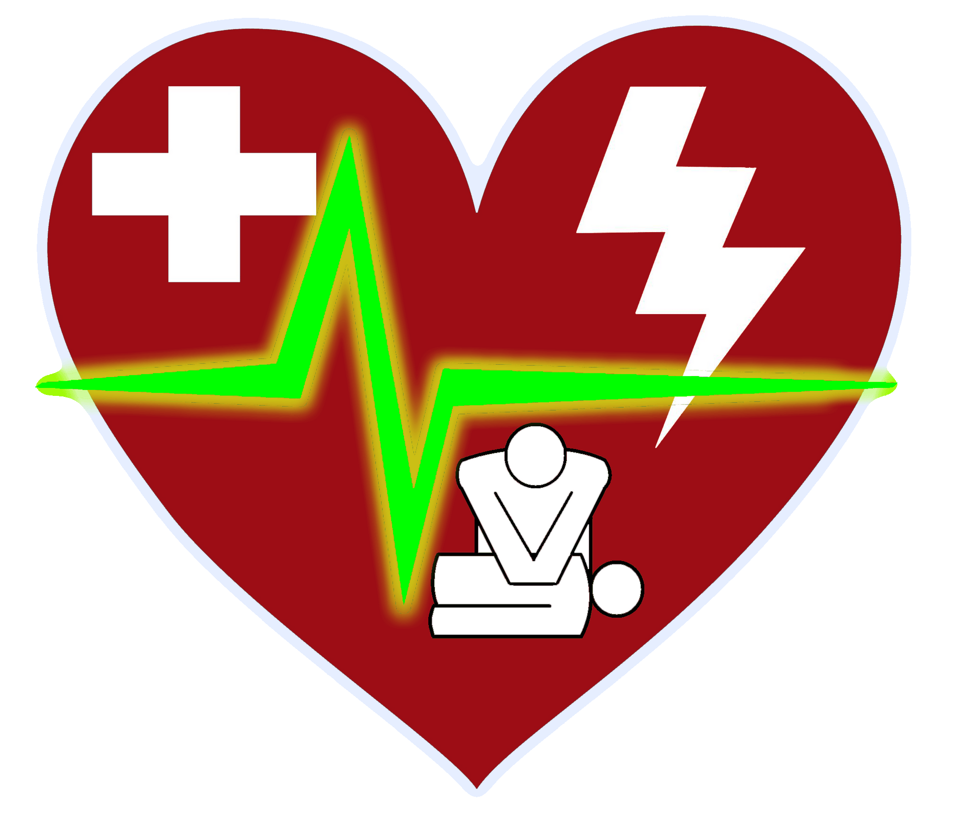 A red heart symbol featuring a white medical cross, a yellow EKG line, a white lightning bolt, and a CPR icon.