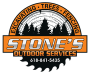 Logo for Stone's Outdoor Services: orange and black, features text and a silhouette of trees, saw blade. Phone number included.