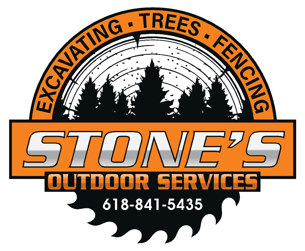 Logo for Stone's Outdoor Services: orange and black, features text and a silhouette of trees, saw blade. Phone number included.