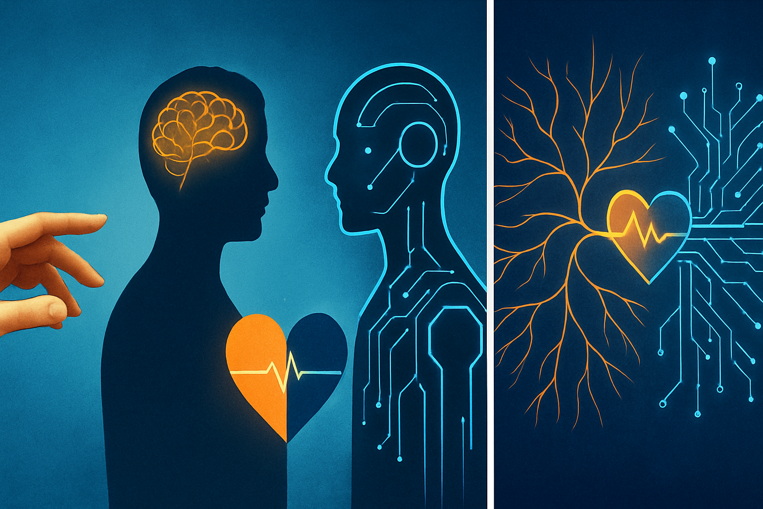 Ilustração representando a interação entre inteligência humana e inteligência artificial no futuro do trabalho.