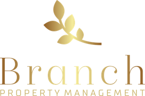 The logo for branch property management has a gold branch with leaves on it.