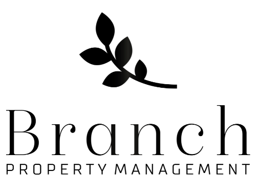 The logo for branch property management has a branch with leaves on it.