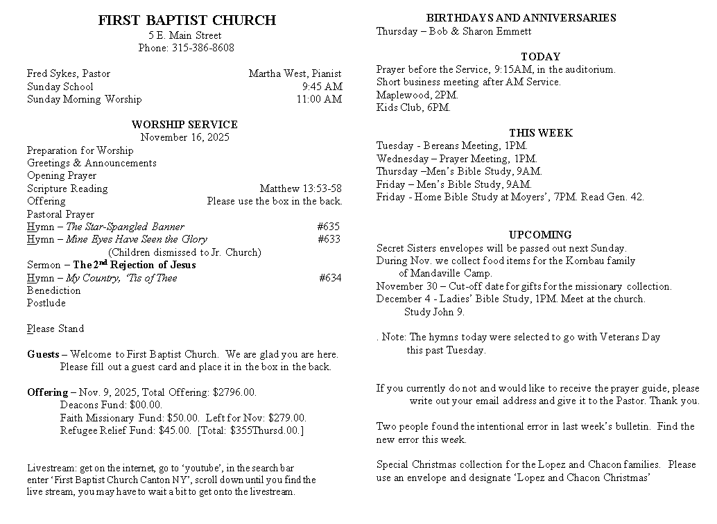A page from a first baptist church bulletin