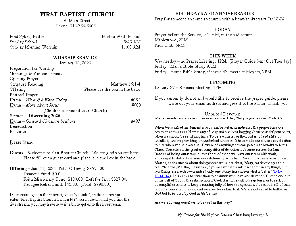 A page from a first baptist church bulletin