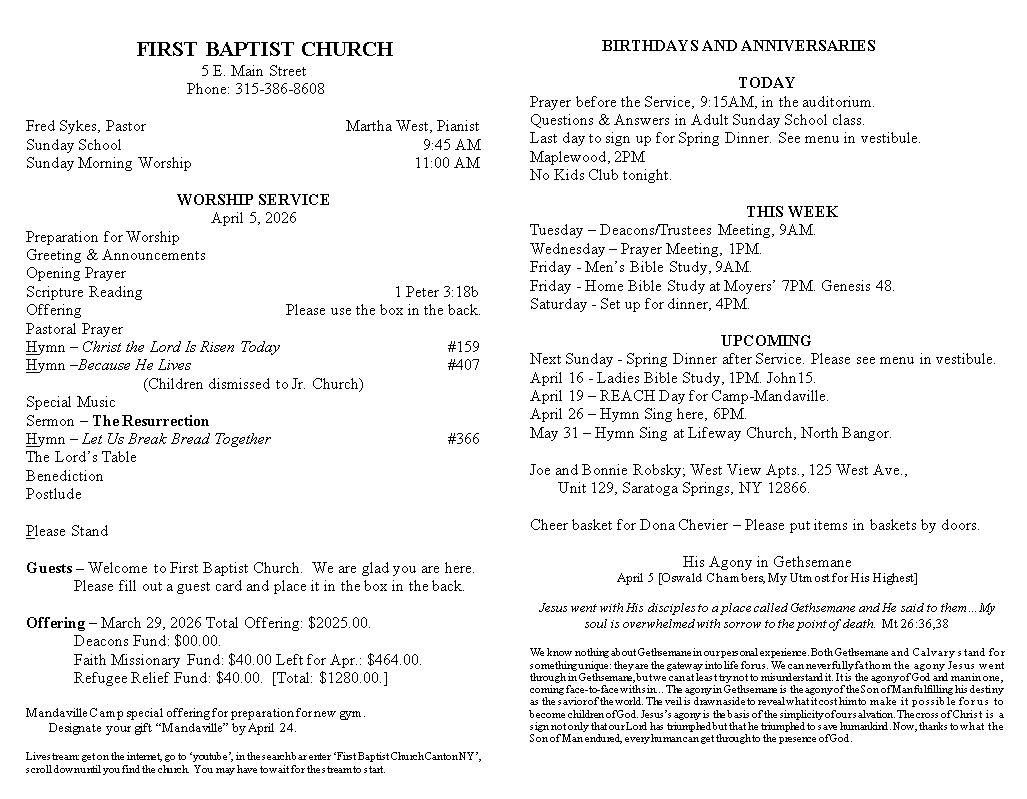 A page from a first baptist church bulletin