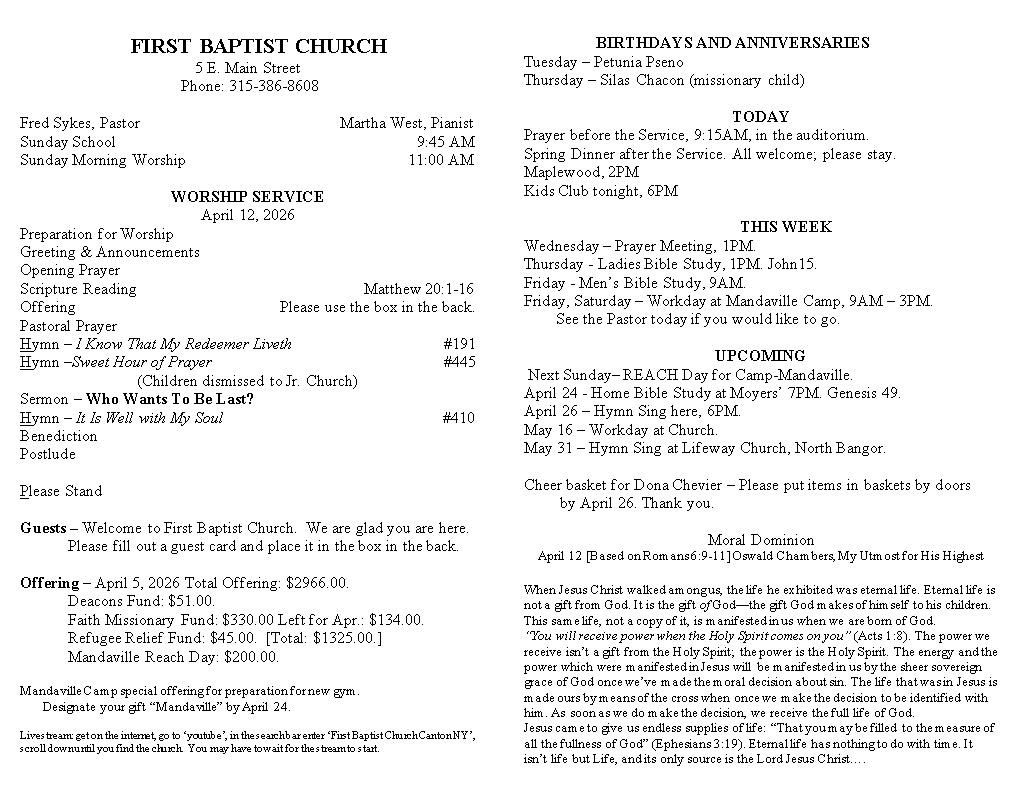 A page from a first baptist church bulletin