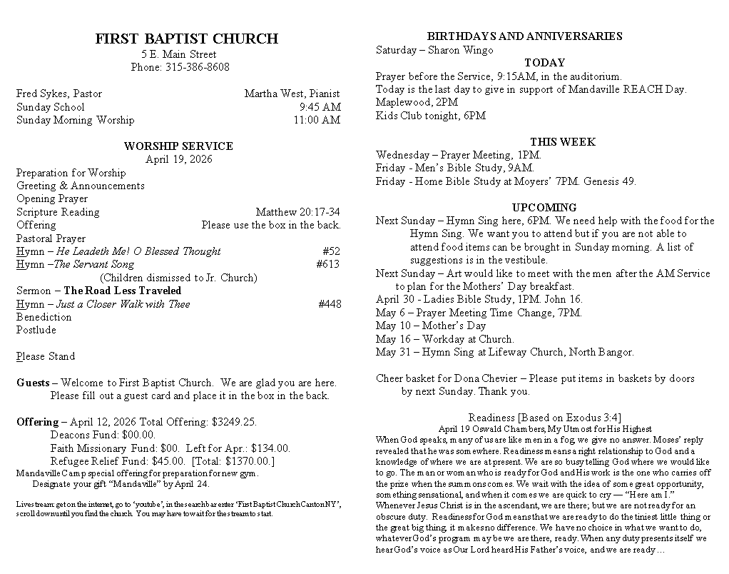 A page from a first baptist church bulletin