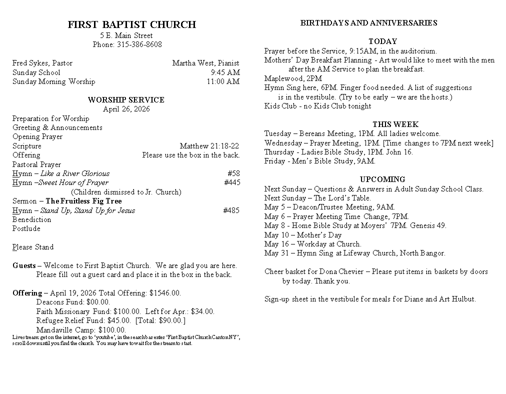 A page from a first baptist church bulletin
