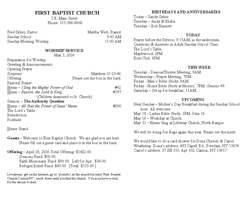 A page from a first baptist church bulletin