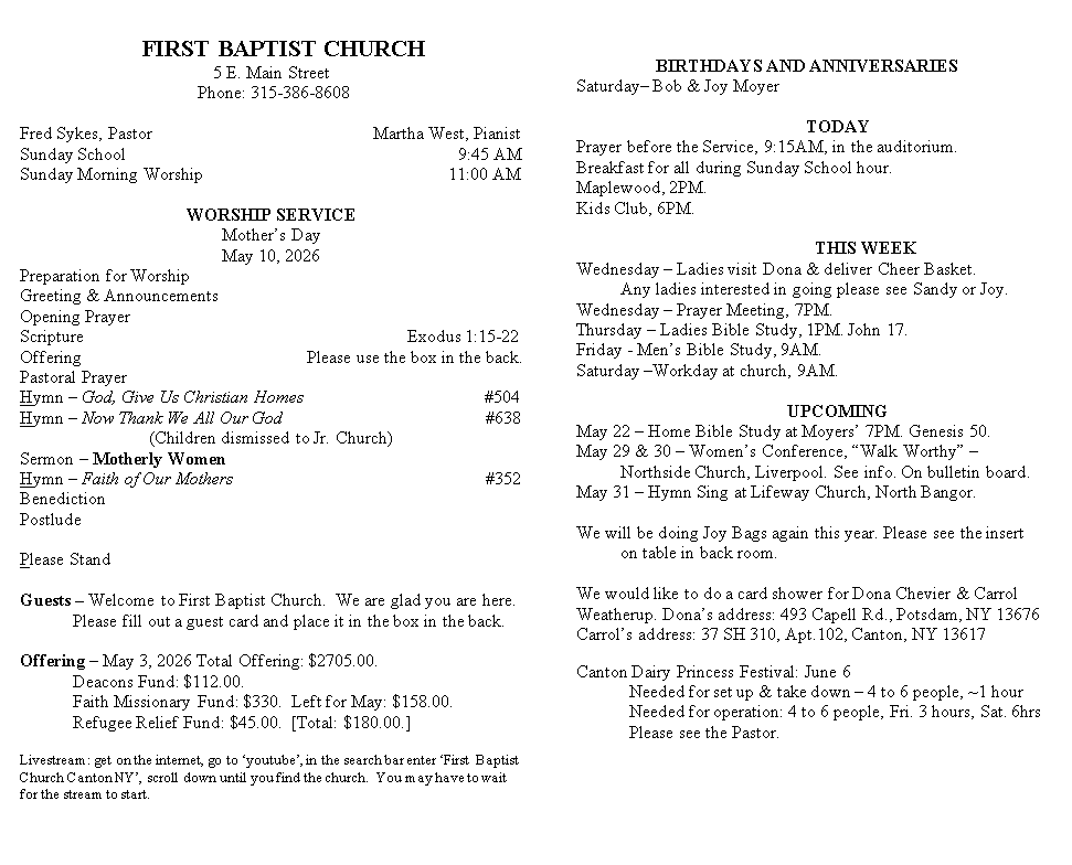 A page from a first baptist church bulletin