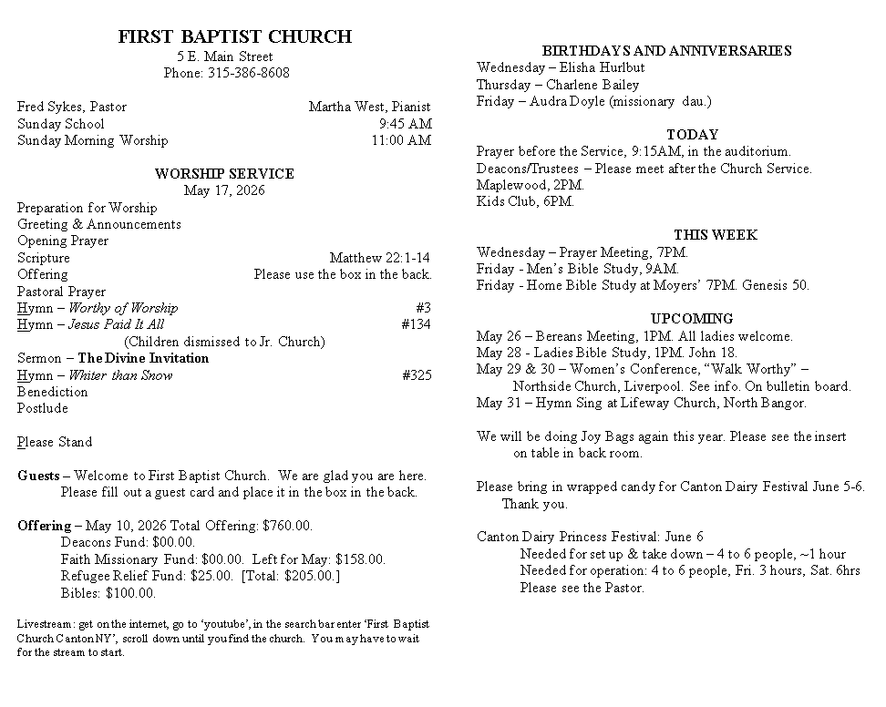 A page from a first baptist church bulletin