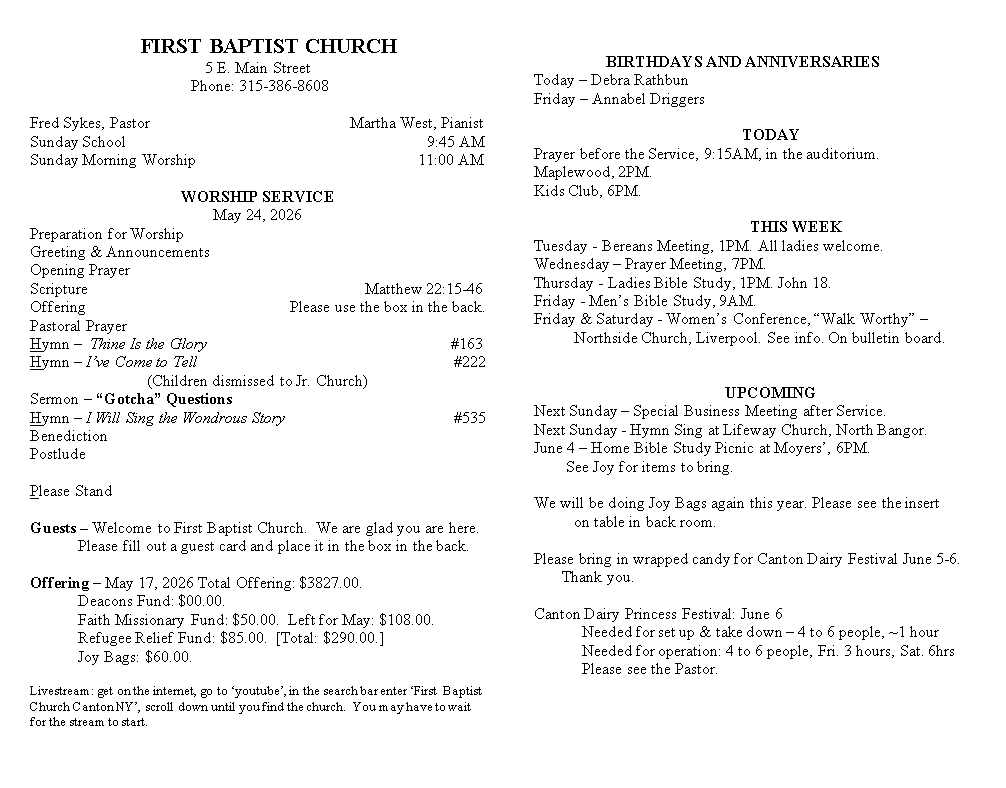 A page from a first baptist church bulletin