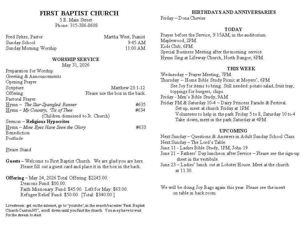 A page from a first baptist church bulletin