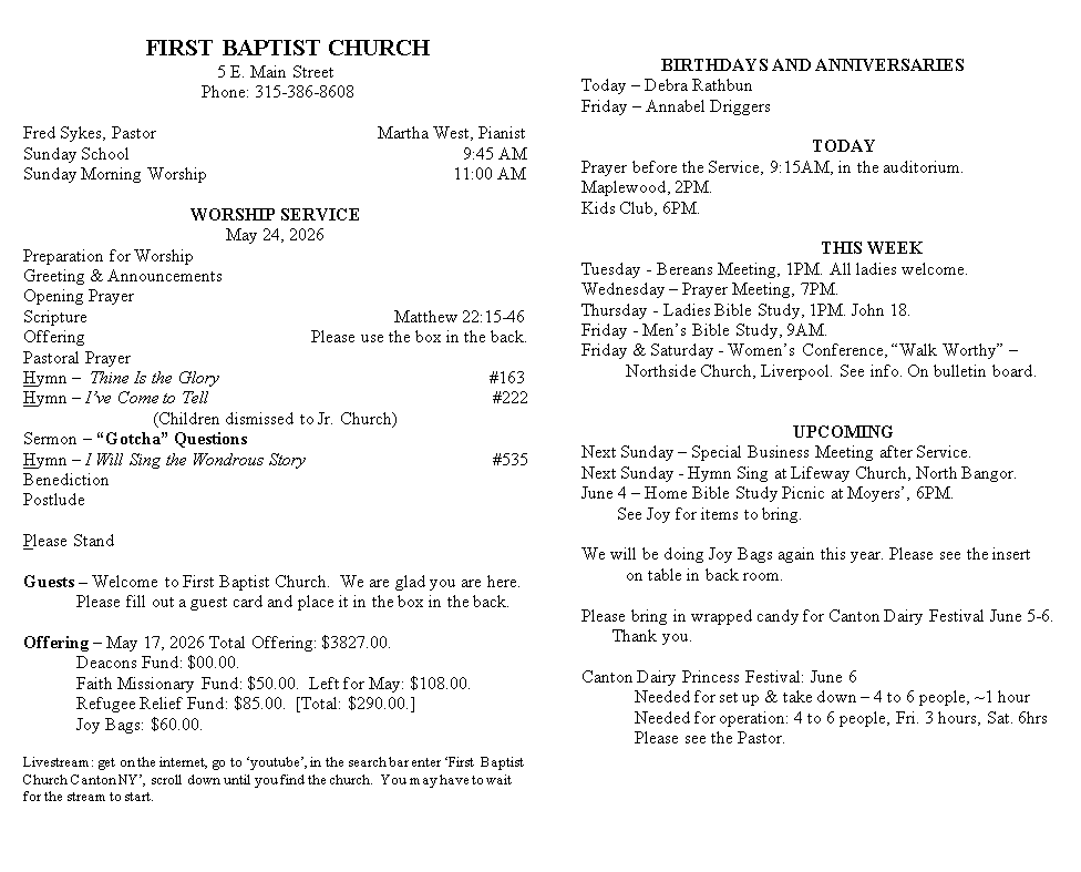 A page from a first baptist church bulletin