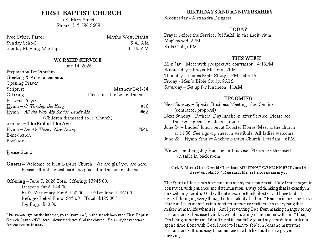 A page from a first baptist church bulletin