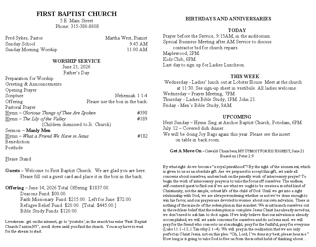 A page from a first baptist church bulletin