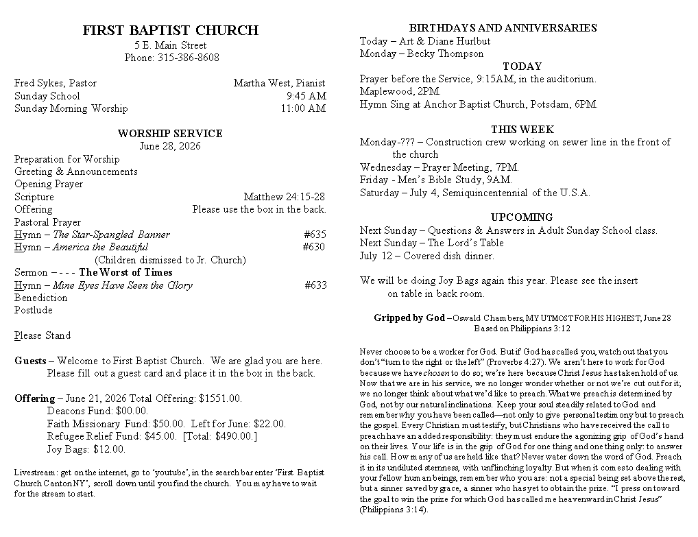 A page from a first baptist church bulletin