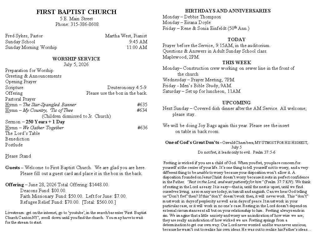 A page from a first baptist church bulletin