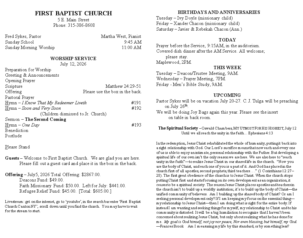 A page from a first baptist church bulletin