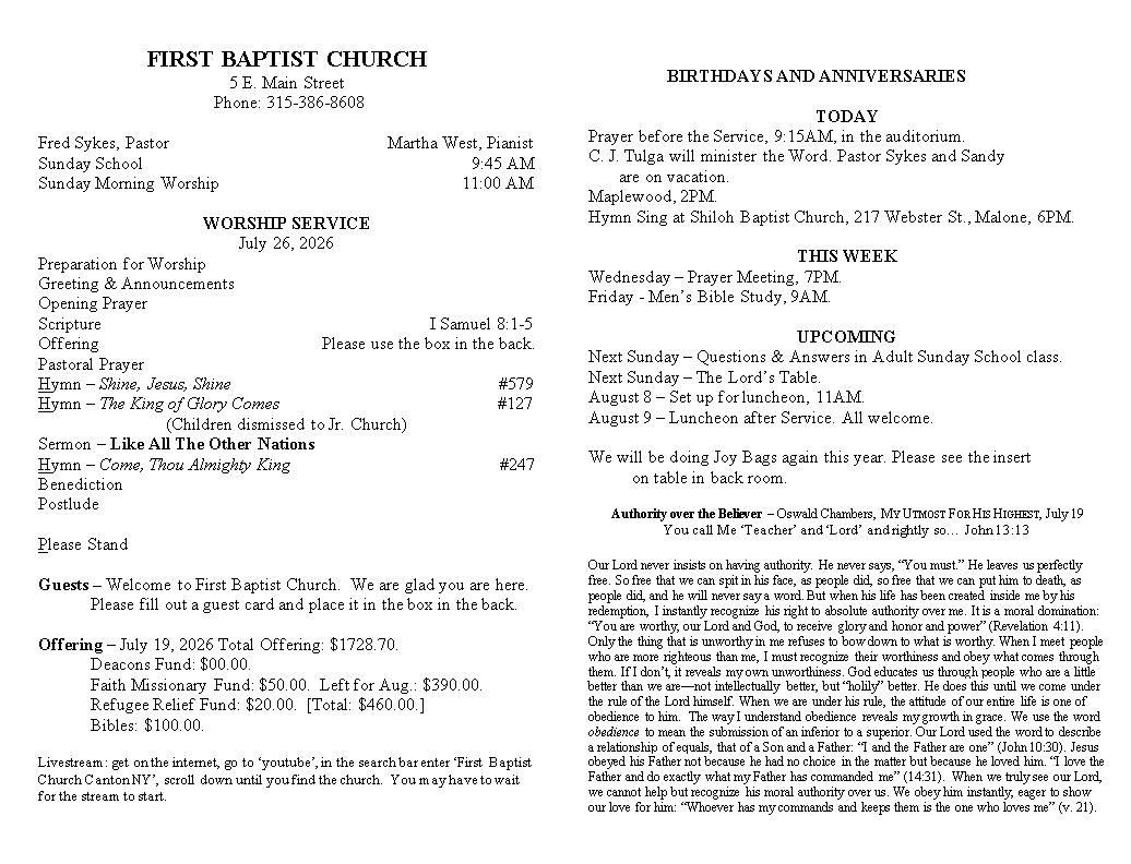 A page from a first baptist church bulletin