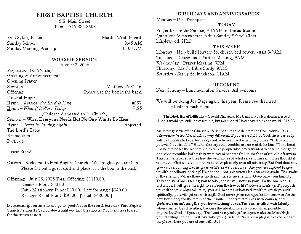 A page from a first baptist church bulletin