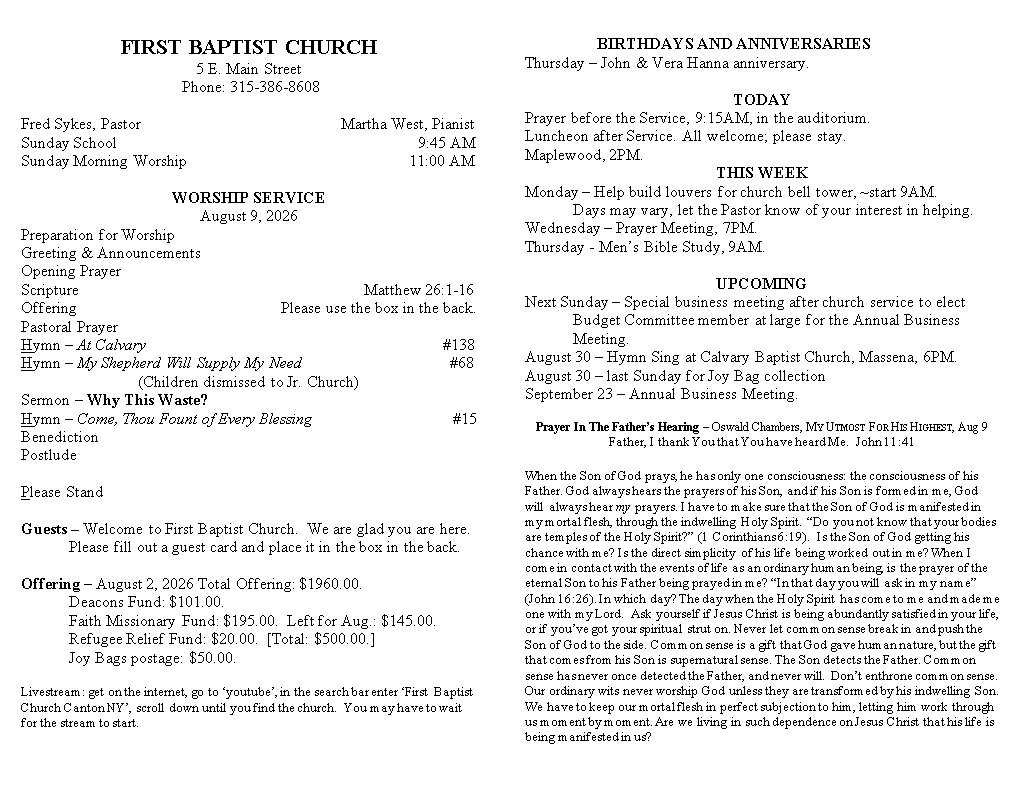 A page from a first baptist church bulletin