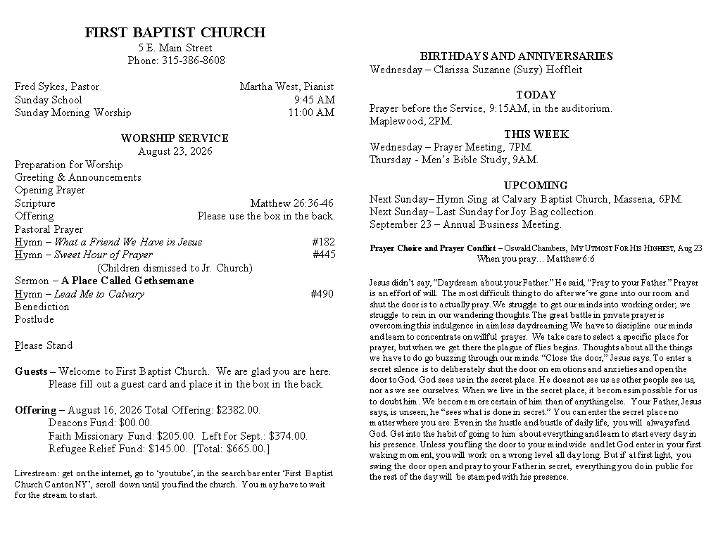 A page from a first baptist church bulletin