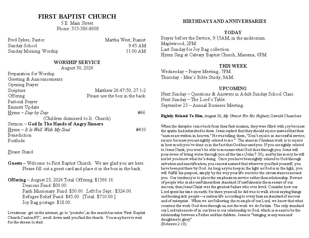 A page from a first baptist church bulletin