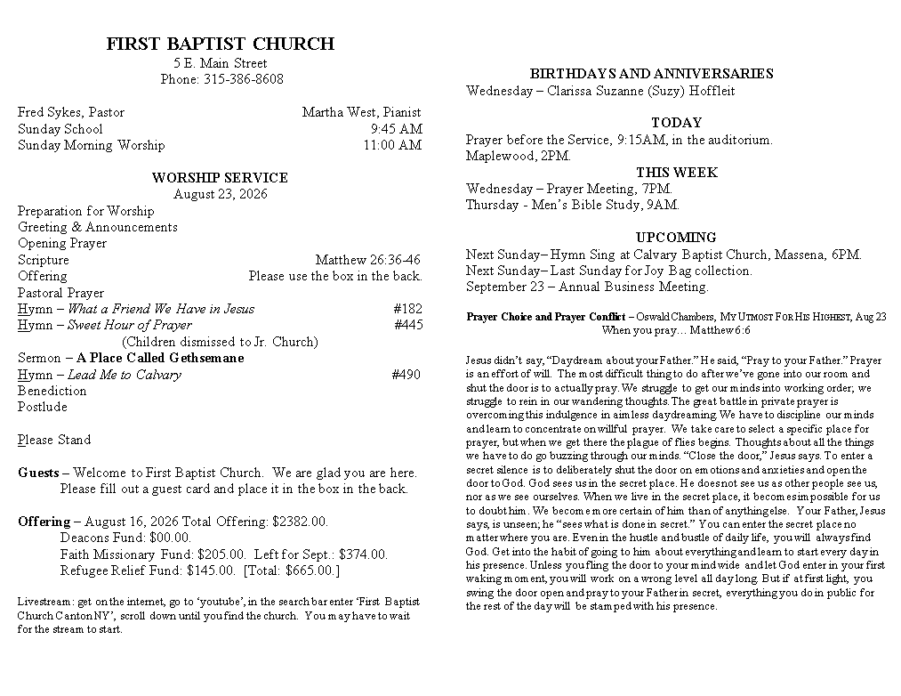 A page from a first baptist church bulletin