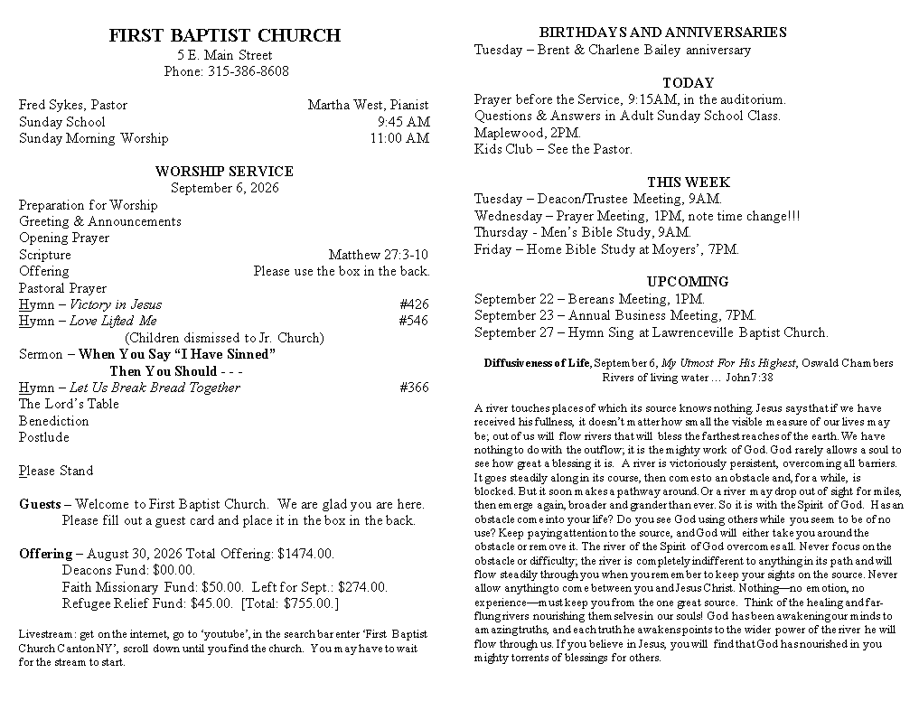 A page from a first baptist church bulletin