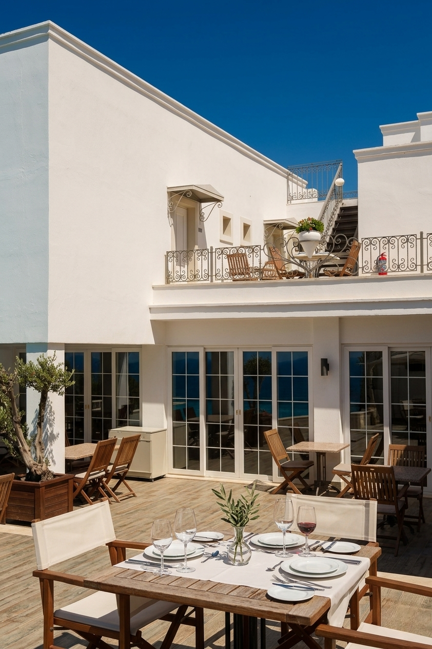 Manzara Boutique Hotel |Sunlit outdoor patio with wooden tables, chairs, and white stucco building under a blue sky