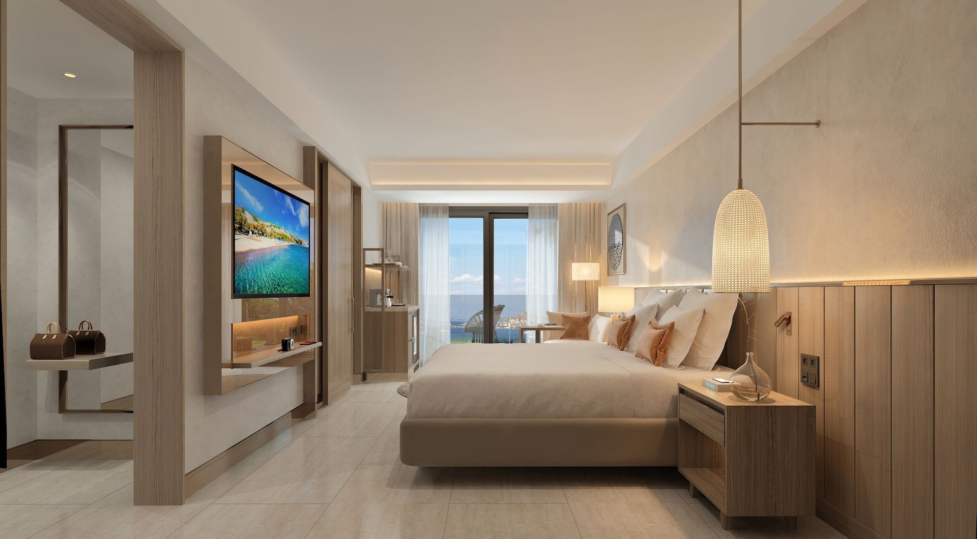 Ruins Luxury Resort'un modern tasarımlı, deniz ve havuz manzaralı deluxe odası