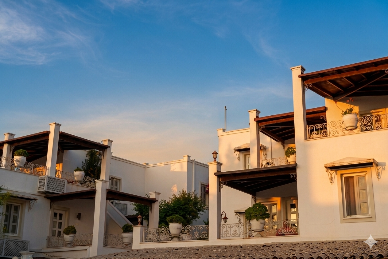 Manzara Boutique Hotel | White houses with balconies and potted plants at sunset under a blue sky
