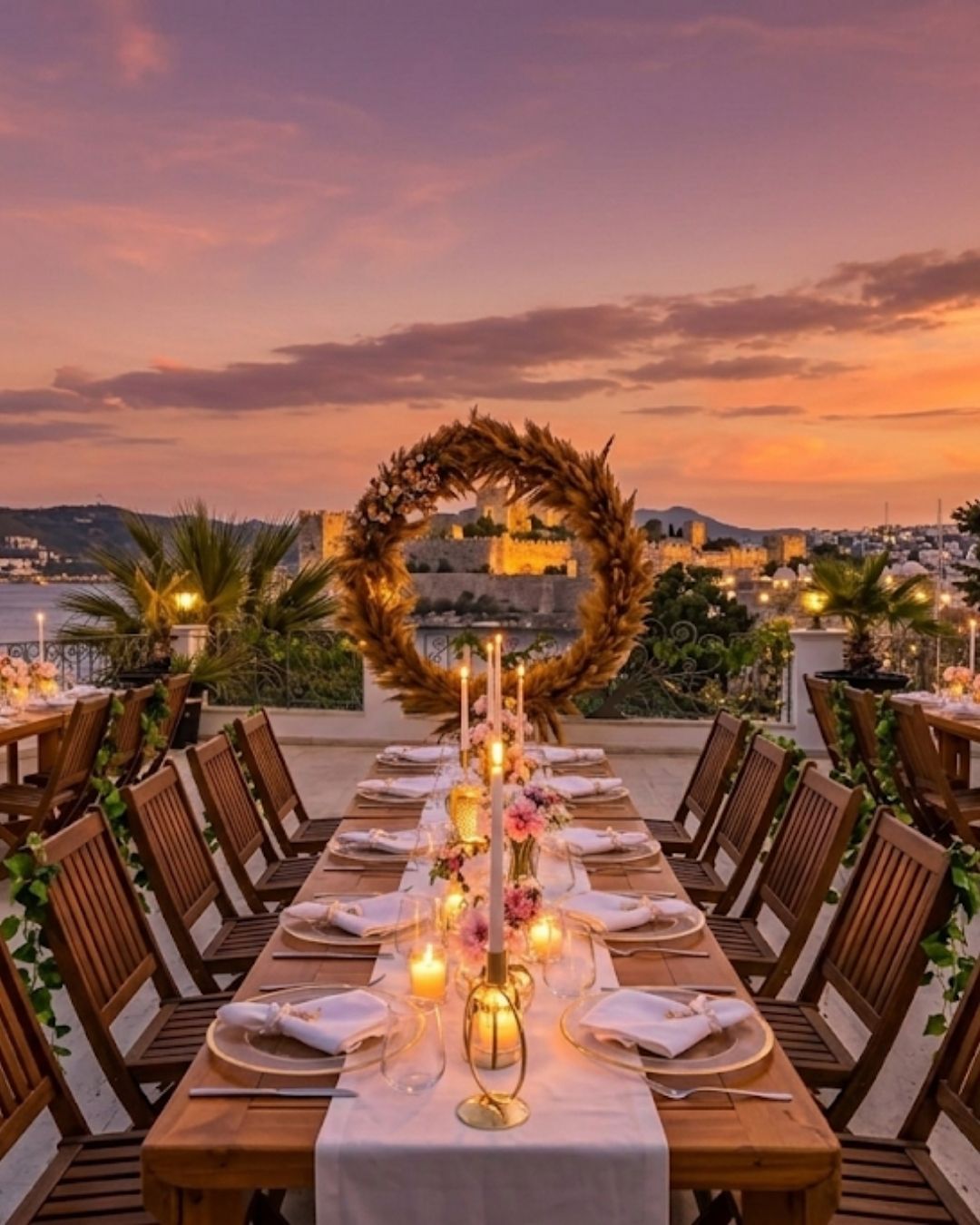 Manzara Boutique Hotel | Outdoor dinner table with candles and floral wreath centerpiece at sunset overlooking