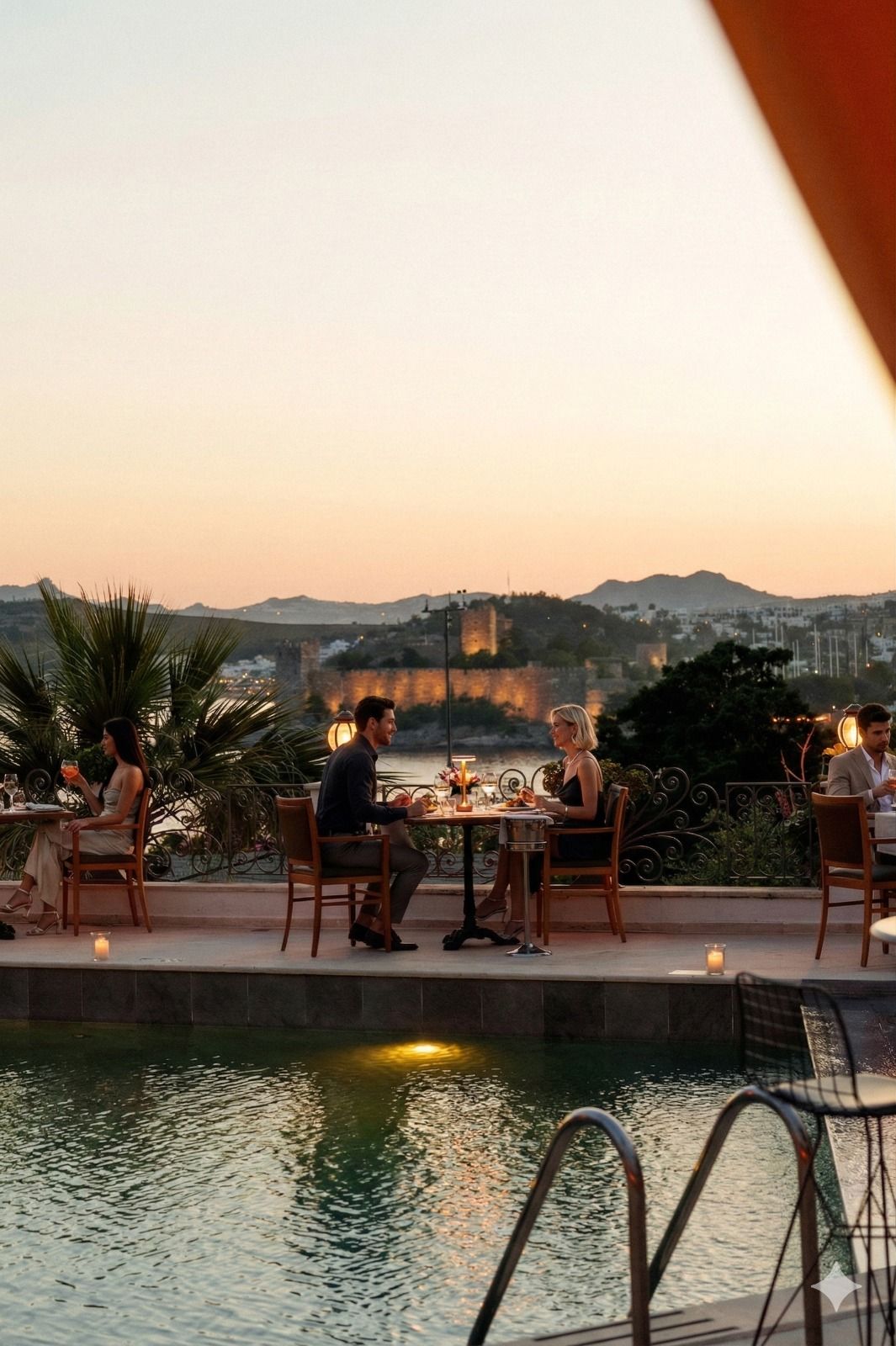 Manzara Boutique Hotel | Rooftop poolside dinner at sunset with city and mountain views