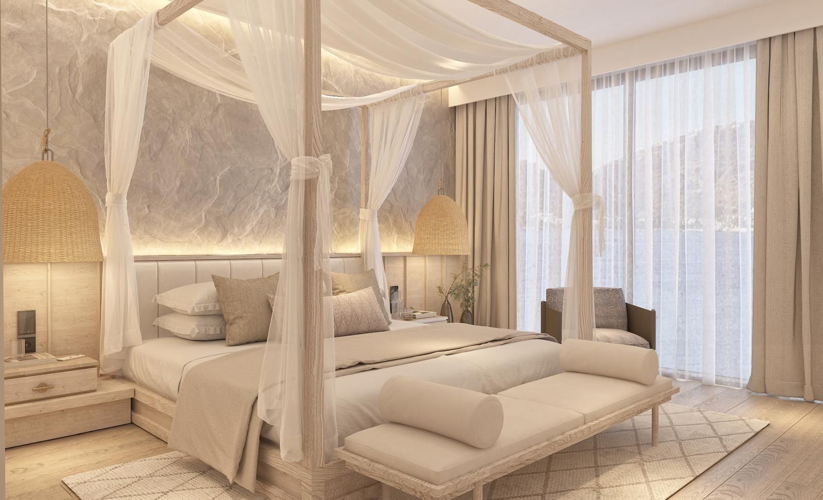 Ruins Luxury Resort'un modern tasarımlı, deniz ve havuz manzaralı deluxe odası