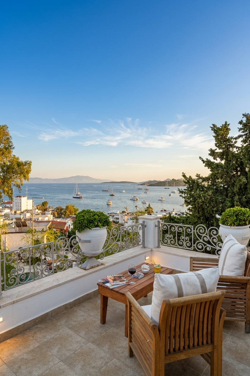Manzara Boutique Hotel | Patio seating overlooking a calm bay at sunset, with wooden chairs, white cushions