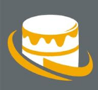 A white cake with a yellow ribbon around it on a gray background.