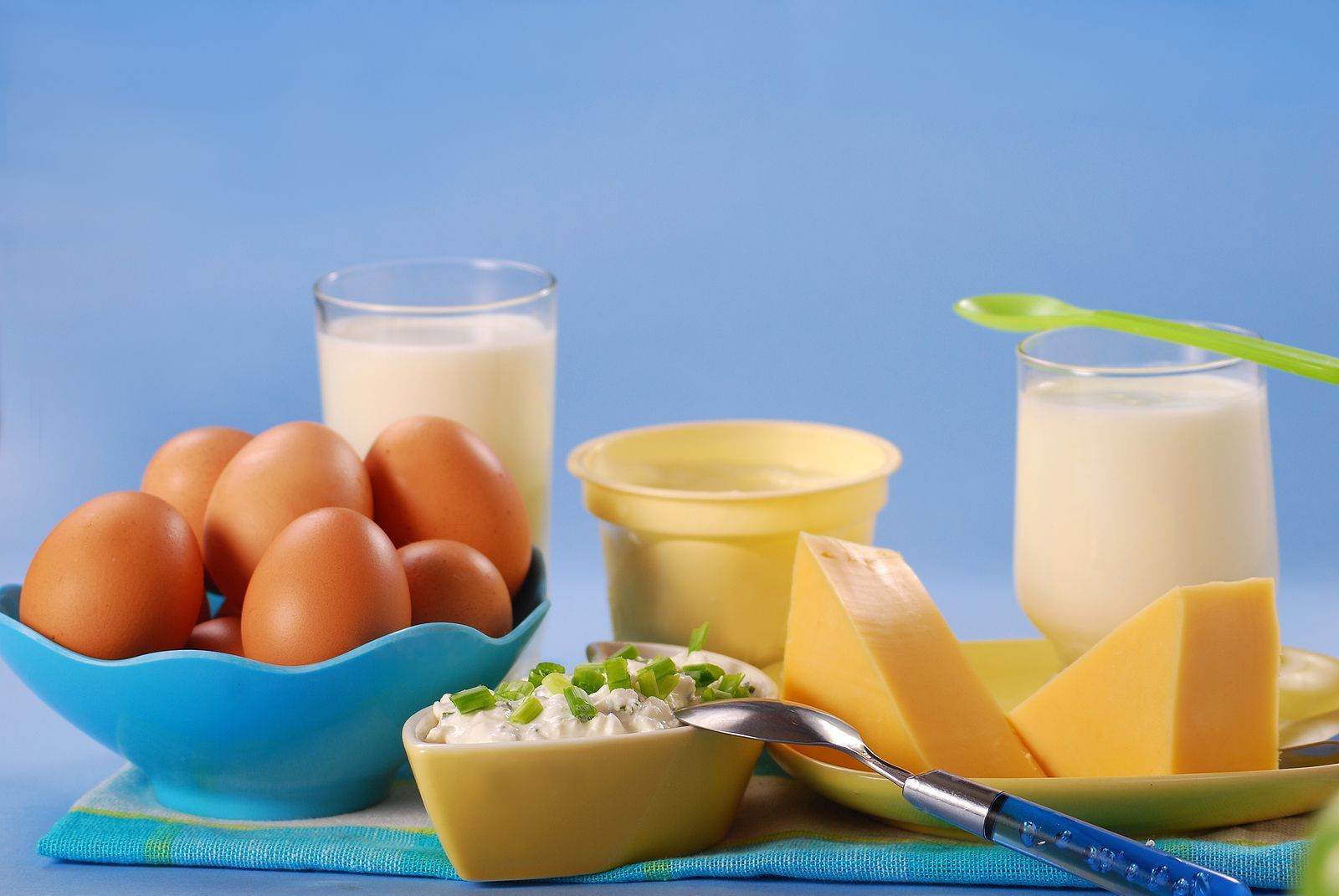 A bowl of eggs , a glass of milk , a bowl of cheese , and a bowl of cottage cheese.
