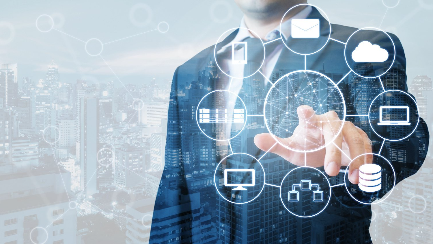 A business man surrounded by graphics and icons related to business