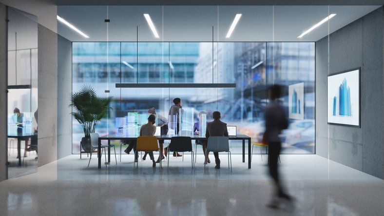 A business meeting in an office for a virtual training event